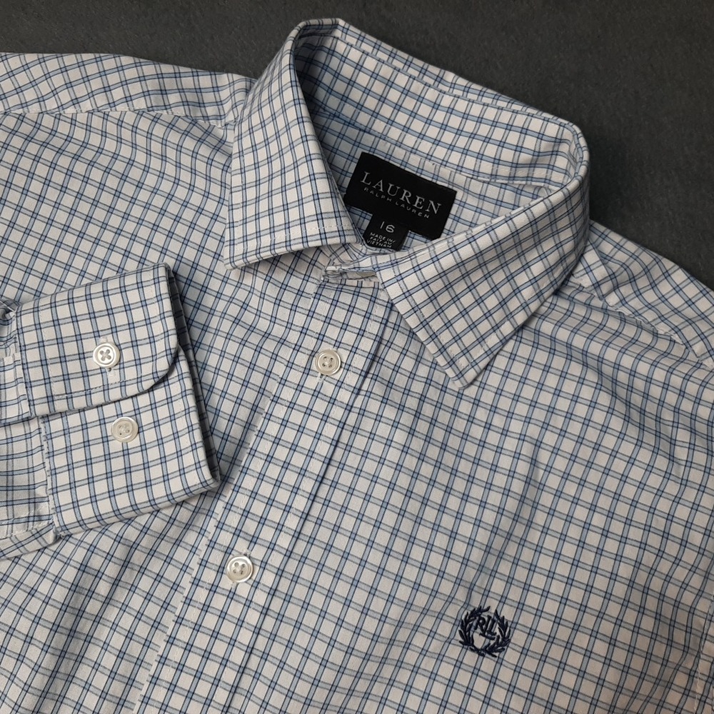 Lauren Ralph Lauren Shirt Boys 16 White Plaid Check Button Up Long Sleeve